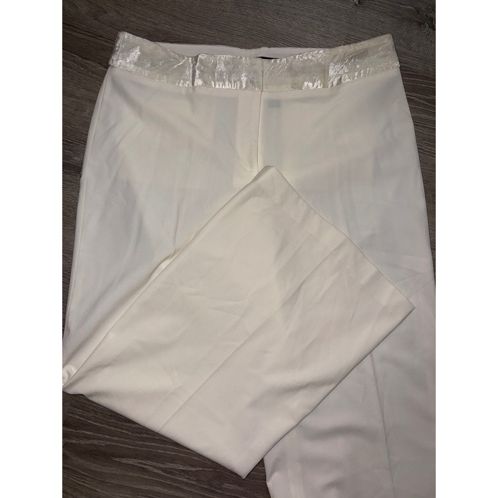Apostrophe Stretch Women Wide Leg Pants Ivory Velvet Trim Size 14 Dress Business